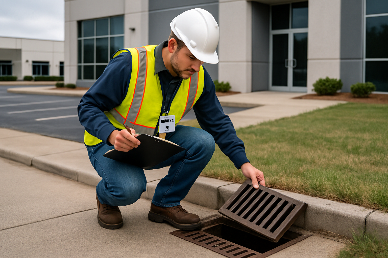 Certified technician performing stormwater inspection on commercial site