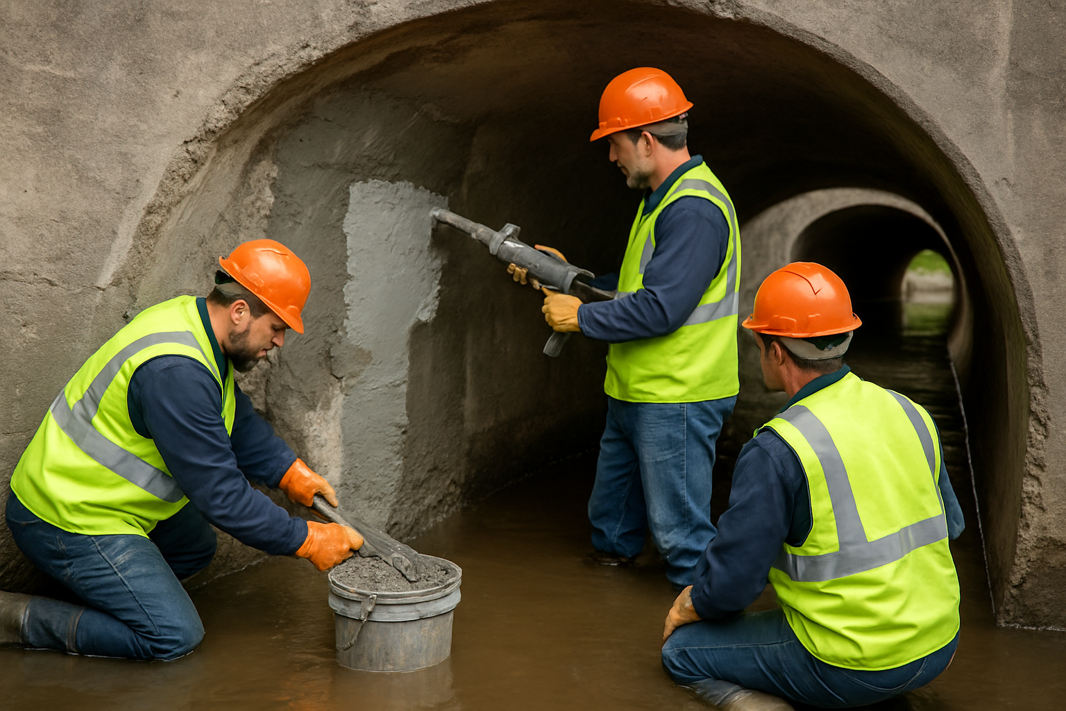 Crew conducting structural concrete repair on stormwater infrastructure