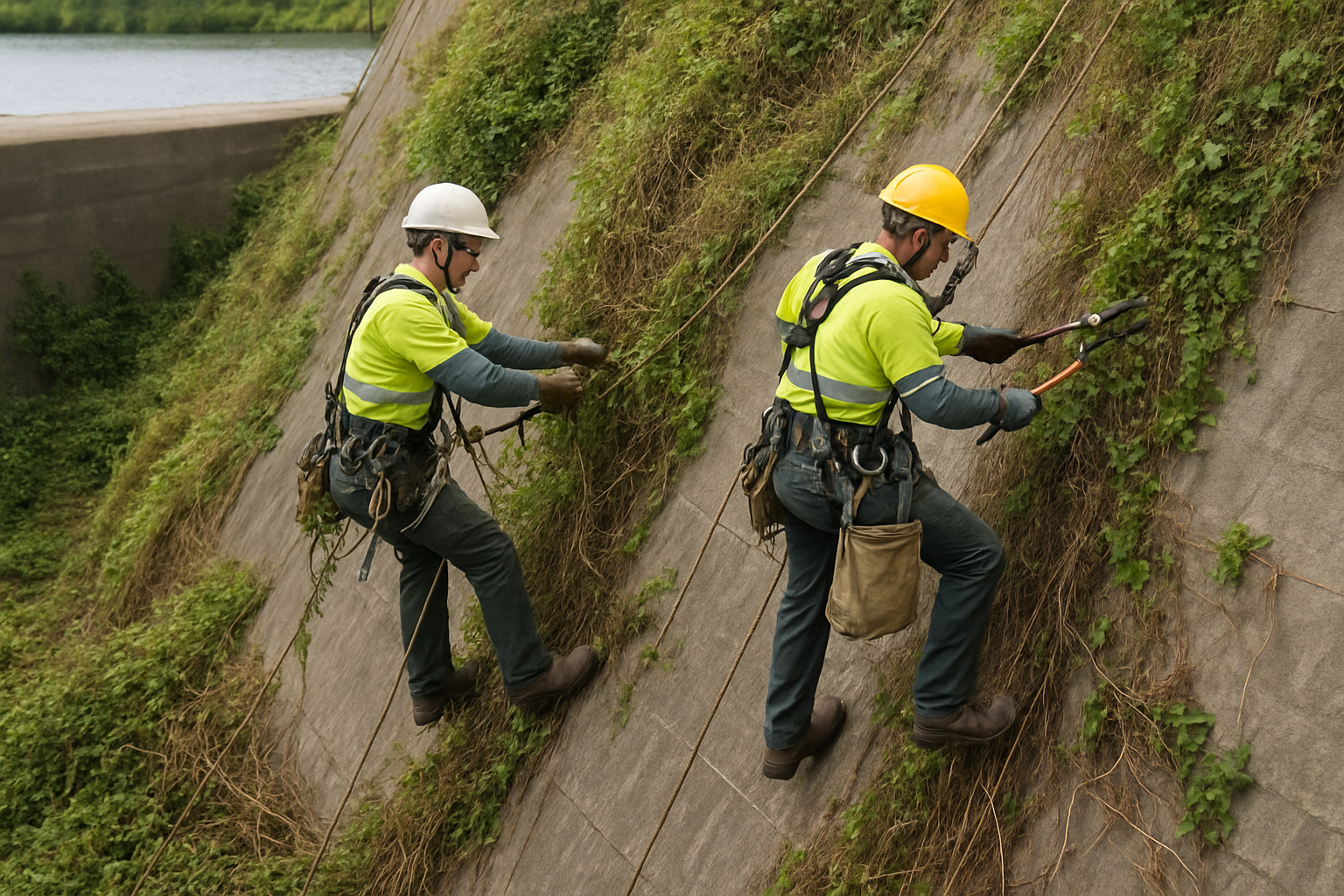 Specialists executing invasive vegetation removal from dam-face for compliance
