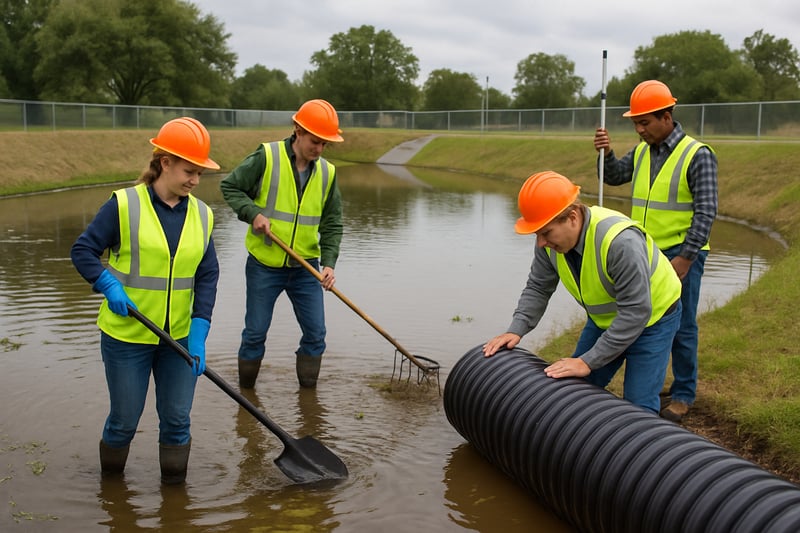 Stormwater compliance experts performing maintenance on a retention pond Stormwater compliance experts performing maintenance on a retention pond