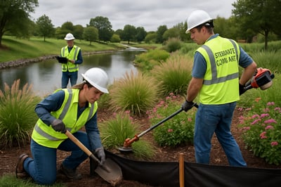 Stormwater compliance team performing maintenance near a landscaped waterway Stormwater compliance team performing maintenance near a landscaped waterway